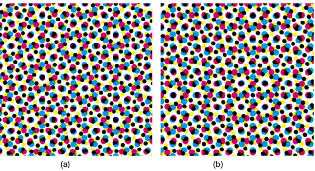 Fig. 11 (a) Intuitive approach to grow dots produces potentially unstable narrow white tracks; (b) corner-touching growth avoids the narrow white tracks but forms two triangular holes in the shadows.