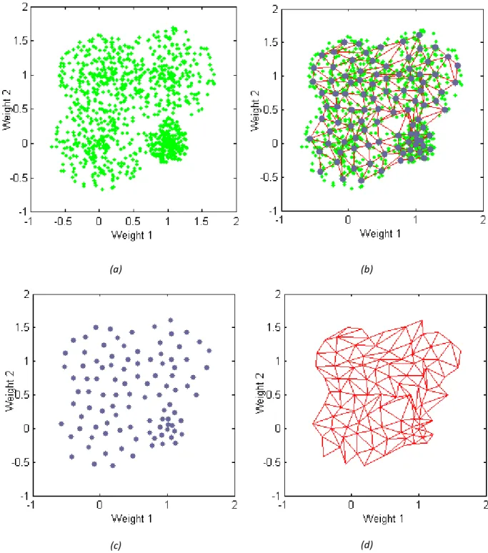 Fig 2-7 Demonstration of SOM algorithm an example dataset of 1000 samples of 2 elements: (a) input data (b)  overlapping plot of input, neuron positions and SOM structure (c) neuron positions (d) SOM structure 