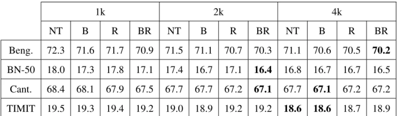Table 4.4: Kernel TER Results (development set): ‘B’ specifies that a linear bottleneck is used,