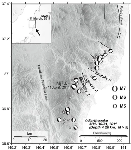 Fig. 1. Tectonic setting of the Fukushima-Hamadori area. The solid linesare active fault traces presented by the Research Group for Active Faultsof Japan (1991)