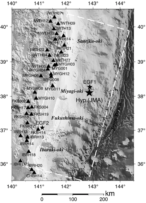 Fig. 1.The map showing the studied area. The large and small solidstars represent epicenters of the 2011 Tohoku earthquake (Mw 9.0) andtwo EGF events by JMA, respectively.Solid triangles indicate thestrong motion stations whose observed ground motions are 