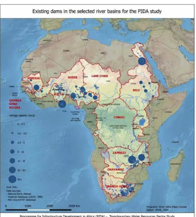 Figure 2. Existing dams in the selected basins  (PIDA, 2011)