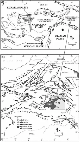 Fig. 1.(a) The general neotectonic map of Anatolia. K—Karl ova, KM—Kahramanmaras¸, DSFZ—Dead Sea Fault Zone, EAFZ—East Anato-lian Fault Zone, NAFZ—North Anatolian Fault Zone (S¸eng¨or et al., 1985; Barka, 1992; Bozkurt, 2001)