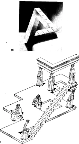Fig. 1.3 (a) the first modern drawing of an impossible object, a tribar composed of ninecontinuous staircase shown in the drawingcubes, was made by the Swedish artist Oscar Reutersvärd in 1934 (©DACS 1998)