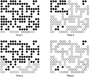 Fig. 3.1 The process of percolation. There is a probability that the white regions will infect