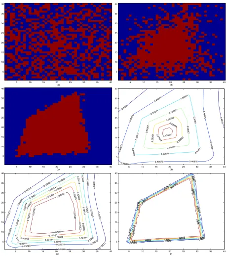 Figure 1. (a) Observed segmented region simulated for a set of landmarks withlikelihood function contours for α=1, (b) α=10 and (c) α=80