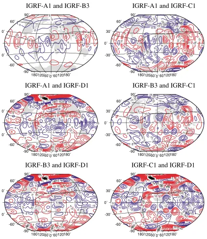 Fig. 1. Differences in the vertical component, Z, at the Earth’s surface between pairs of main-ﬁeld models