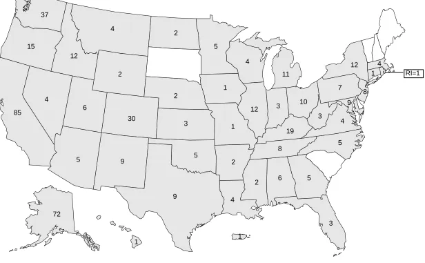 Figure 1.  Outbreaks of foodborne botulism by state, 1950-1996*