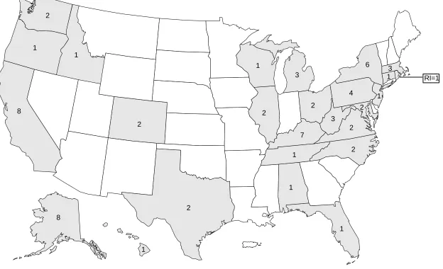 Figure 3.Outbreaks of foodborne botulism, toxin type B, by state, 1950-1996*