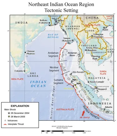 Fig. 1.Regional map of Sumatra and the Bay of Bengal, showing the epicenters (stars) and regions of high slip for the December 2004 earthquake(gray, representing regions of slip >10 m) (Chlieh et al., 2005) and March 2005 earthquake (yellow, representing r