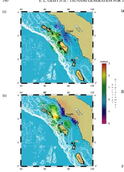 Fig. 4. Coseismic vertical displacement for the March 28, 2005 earthquakeusing (a) the slip distribution from Slip Model III (Ammon et al., 2005;Ji, 2005) and (b) an inversion using P-waveforms for a large prescribedfault with geometry consistent with the 