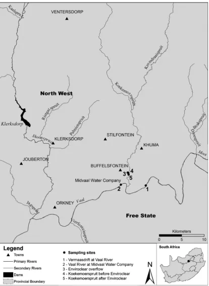 Figure 1. Koekemoerspruit study area indicating the five study sites, streams of the catchment and surrounding towns