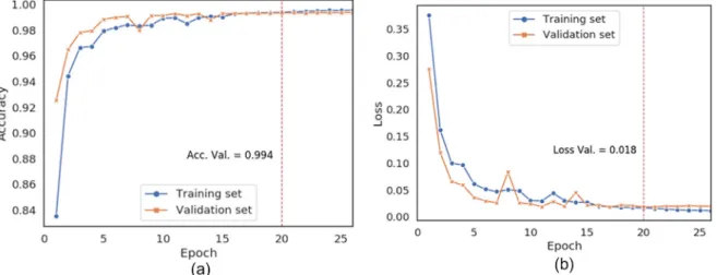 Fig. 15. Evolution of (a) accuracy and (b) loss during training of the comb semantic segmentation model