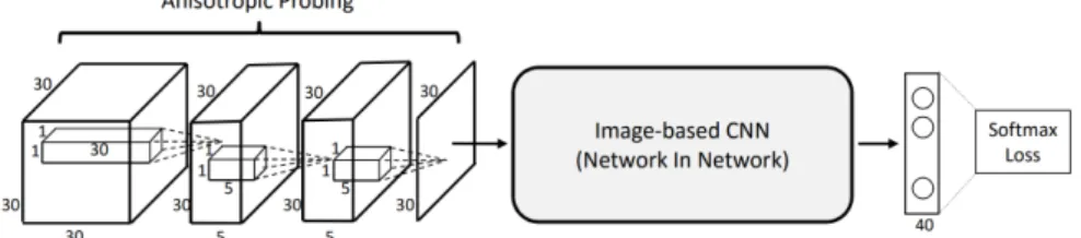 Figure 4. CNN with anisotropic probing kernels. Elongated 3D convolutions are used to first extract features from 3D