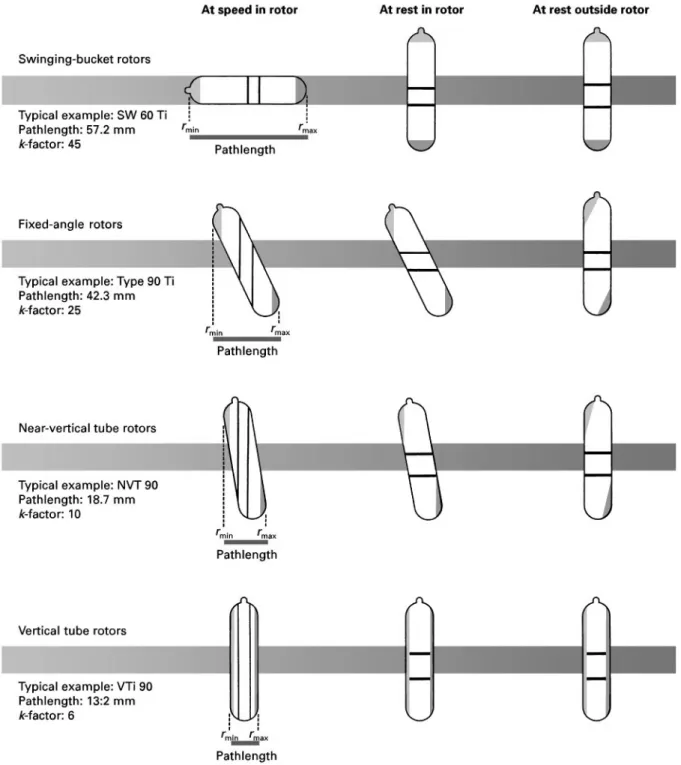 Figure 7 Particle separation in swinging-bucket, fixed-angle and vertical-tube rotors