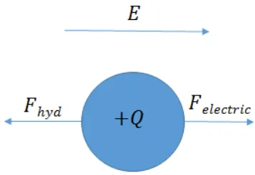 Figure 1-1: A spherical charged particle in free solution with applied electric field 