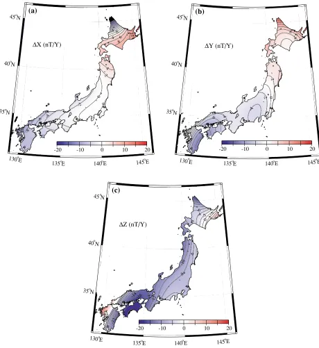Fig. 5. Distributions of secular rate of �X, �Y and �Z at 2004.875 in Japan, the contour interval is 2 nT/Y.