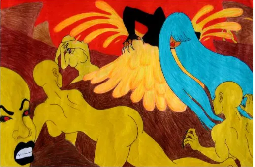 Figure 8. Danielle Z. Yarbrough, Volcanic Eruption II, panel 3, 2012, crayons, 3 by 5 ft