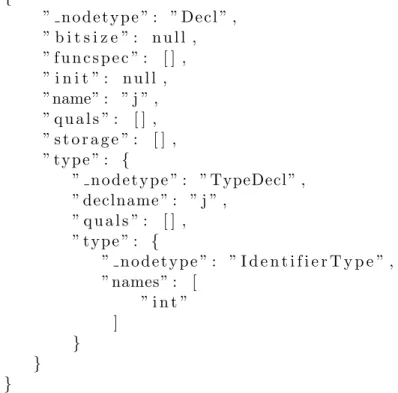 Figure 6.1: Example demo of JSON object containing Decl, TypeDecl and IdentifierType nodes.