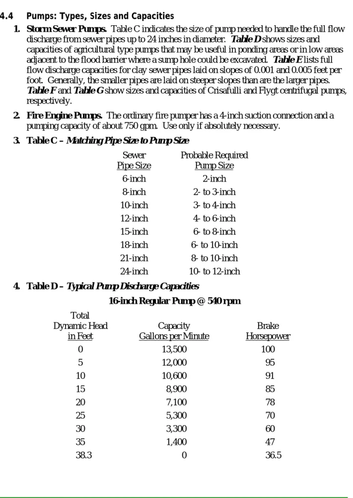 Table F and Table G show sizes and capacities of Crisafulli and Flygt centrifugal pumps,  respectively