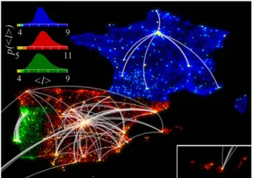 Figure 1.  Visualization of central places in France, Spain and Portugal. Each circle represents a mobile  phone tower and its color (the brighter the more central) corresponds to the inverse of closeness centrality 