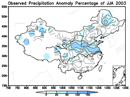 Figure 1. Observed precipitation abnormal (w.r.t. 1961-1990 climate, %). 