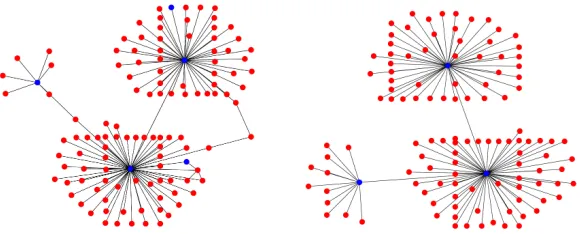 Figure 7: Left: the ﬁnal undirected network formed by the edge purchases and immunizationdecisions (blue for immunized, red for vulnerable)