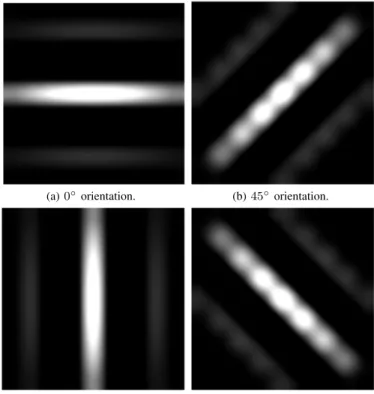 Fig. 1: Images of Gabor wavelets in spatial domain of different orientations. σ u =  (x,y)∈B u(x, y), (2) σ v =  (x,y)∈B v(x, y)