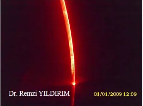 Figure 1. The red laser light bending to the left with one-piece lens. 