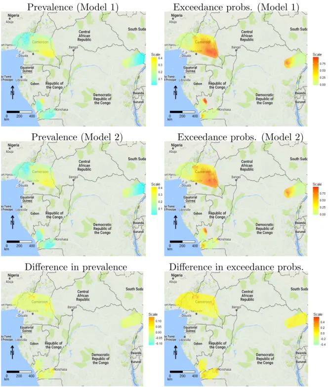 Figure 5.1: Predictive mean of Loa loa microfilariae prevalence (left panels) and probabilities of exceeding a 20% prevalence threshold (right panels), for Model 1 (top panels) and Model 2 (middle