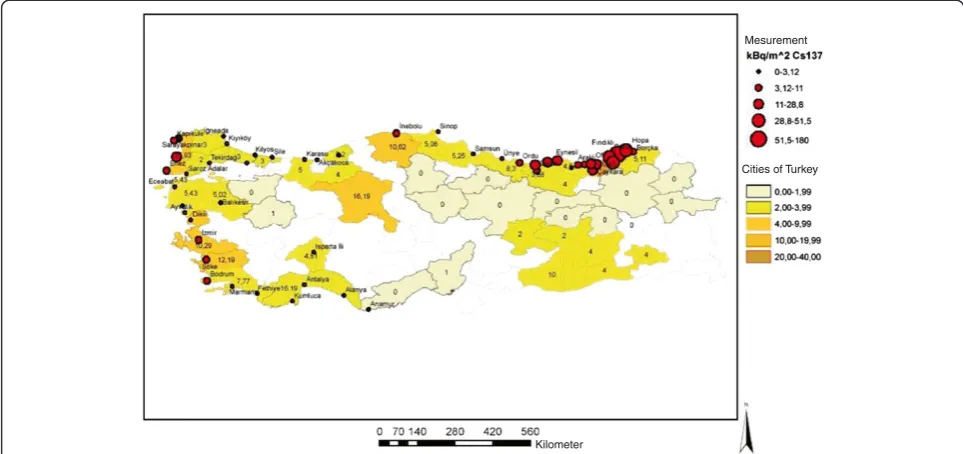 Figure 3 Turkish Atomic Energy Authority’s 137Cs surface soil measurement (as shown) in the map of Turkey in 1986.
