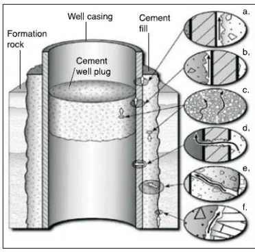 Figure 1-1  Possible leakage pathways in an abandoned well (a-b) between casing and cement wall plug; (c) through cement plugs; (d) through casing; (e) through cement wall; and (f) between cement wall and rock