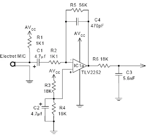 Figure 1: Pre-amp circuit design.  Taken from,  Solid State Voice Recorder Using Flash MSP430 (1) by Texas Instruments 