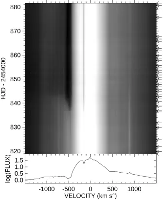 Figure 4.4 A gray scale representation of the Hαthe logarithm of the normalized ﬂux. The bottom panel represents the average logarithmicproﬁle