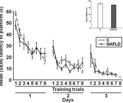 Figure 2.4: Spatial water maze training. The effects of NAFLD on the mean (+/− number of trials to reach the learning criterion (Day 1 and Day 2; C: n = 21, NAFLD: n = SEM) latency to reach the platform during spatial water maze training and (inset) the 19