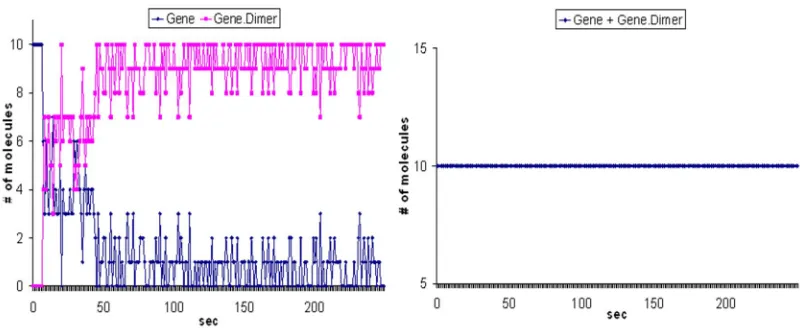 Figure 8 The sum of ‘Gene’ and ‘Gene.Dimer’ stays constant throughout the simulation.  