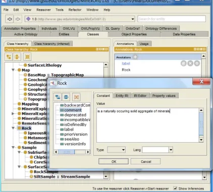 Figure 6.6. Screenshot of ‘Annotation’ in Protégé, showing the Rock class and its annotations such as ‘label’ and ‘ comment’