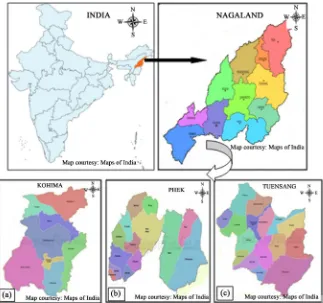 Figure 1. Map of Nagaland showing the three study areas: (a) Kohima district; (b) Phek district and (c) Tuensang district