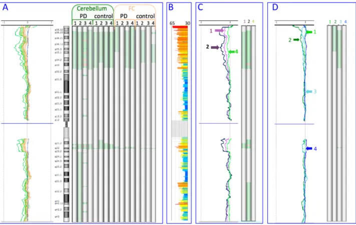 Fig 1. Chromosome 1 in aCGH. The 10 Mb moving average and the aberration calls by ADM2 (after raising threshold to 12, with FZ off) are plotted for each sample