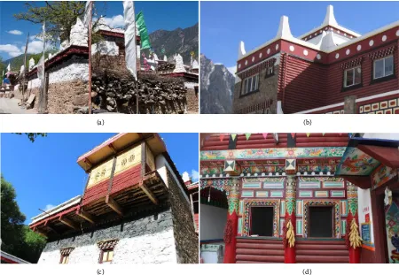 Figure 3. Traditional elements in houses. (a) Ribbons on the wall; (b) White stones on the top; (c) Traditional materials and colors; (d) Traditional decorations