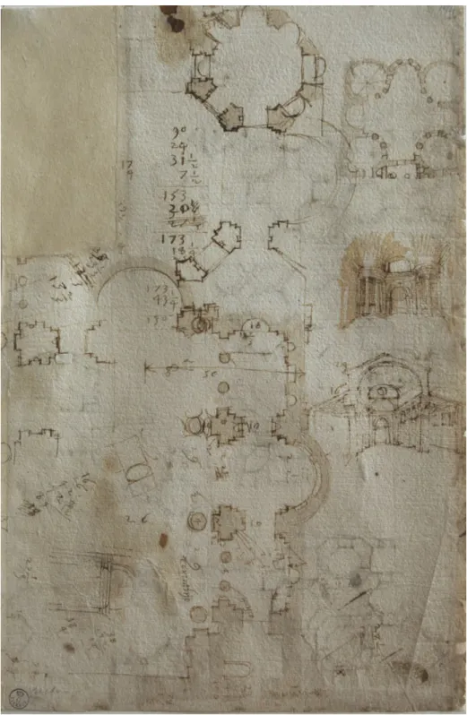 Figure 4.3 Baldasarre Peruzzi, studies for the Cathedral of Carpi, pen and ink wash, 29.8 × 19.8 cm., Gabinetto Disegni e Stampe Degli Uffizi, Florence, 529 Ar, 1514 –1515.