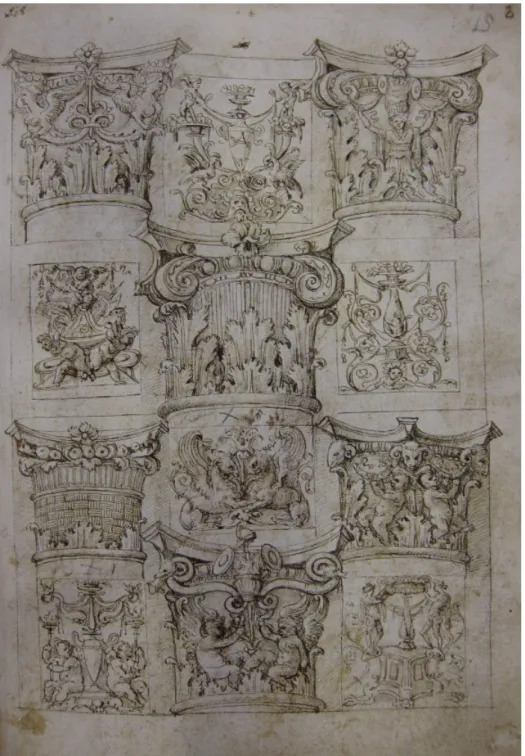 Figure 4.1 Oxford Master (formerly attributed to circle of Jacopo Ripanda), six capitals and six reliefs, pen and ink wash, 33.2 × 23.4 cm., Ashmolean Museum, Oxford, KP 668, fol