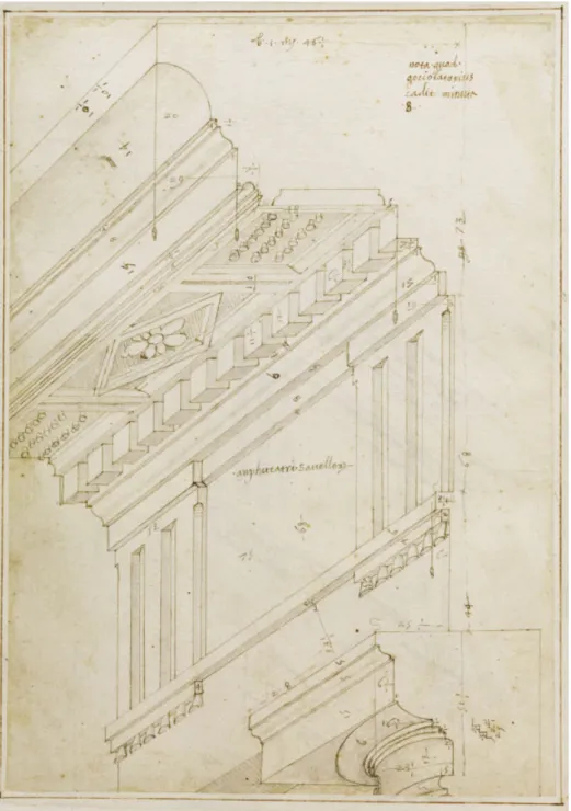 Figure 4.2 Bernardo della Volpaia, Codex Coner, trabeation of the Theatre of Marcellus, pen and ink wash, c