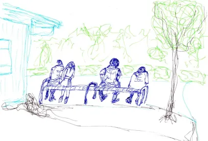Figure 18. Students sitting outside for descriptive writing activity.  