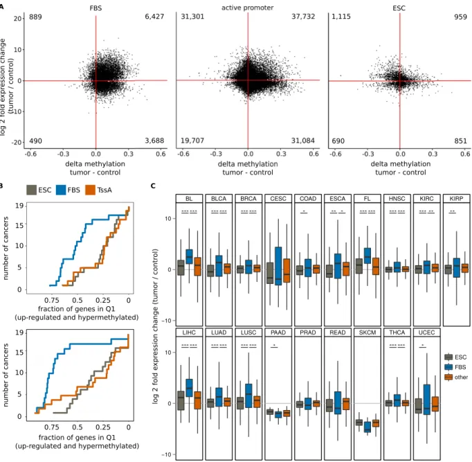 Figure 4.  Up-regulation of bivalent chromatin genes in cancer tissues. (A) Scatter plots of DNA methylation  change versus expression change for significantly differentially expressed FBS genes (left) and controls: active  promoter background (center) and