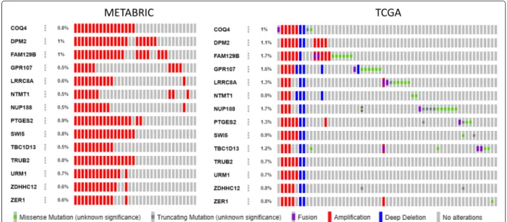 Fig. 2 OncoPrint visualization of breast cancer patients with genetic mutations. Genes are from LRR 21 which are also on 9q34.11