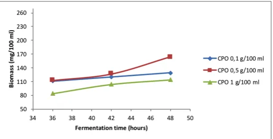 Figure 1: Profile of relationship between the amount of biomass and fermentation time at various concentrations of crude palm oil (CPO)  