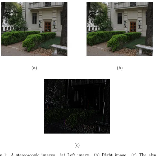 Figure 1: A stereoscopic images. (a) Left image. (b) Right image. (c) The absolute disparity image.