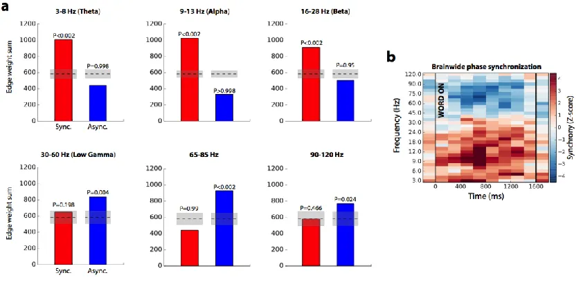Figure 3.2. Synchrony effects from 3-120 Hz. (a) Overall level of SME synchrony/asynchrony in six frequency bands spanning 3 Hz to 120 Hz, measured as in Figure 3.1f (edge weight sum)