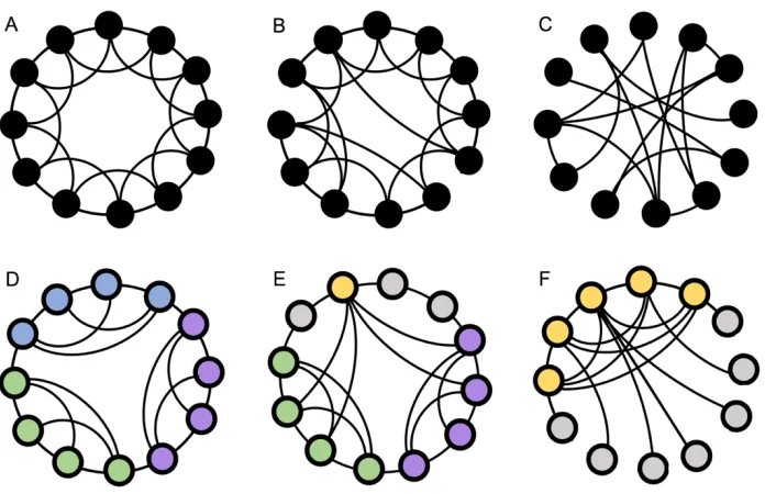 Figure 1: A visualization of network topologies and measures.  Networks are defined in terms of nodes (circles) and edges (lines)